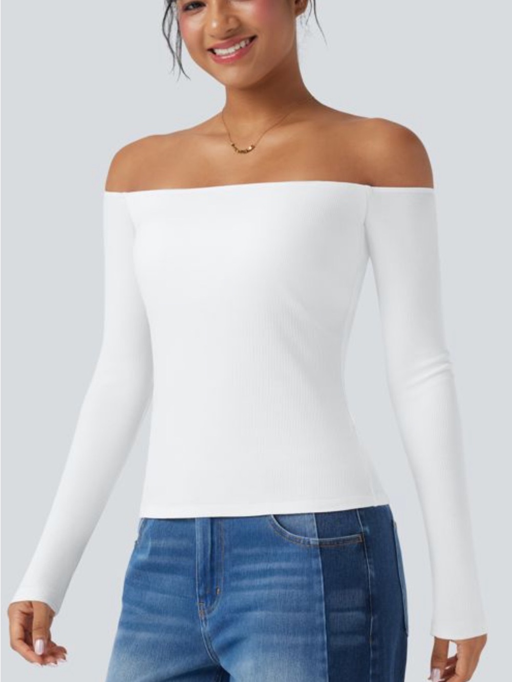 HALARA White Off-Shoulder Long Sleeve Top